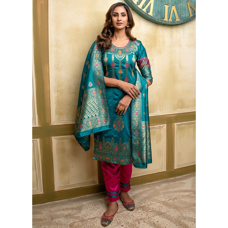 3 Pc Blue Unstitched Silk Suit Set With Dupatta - JD986590868