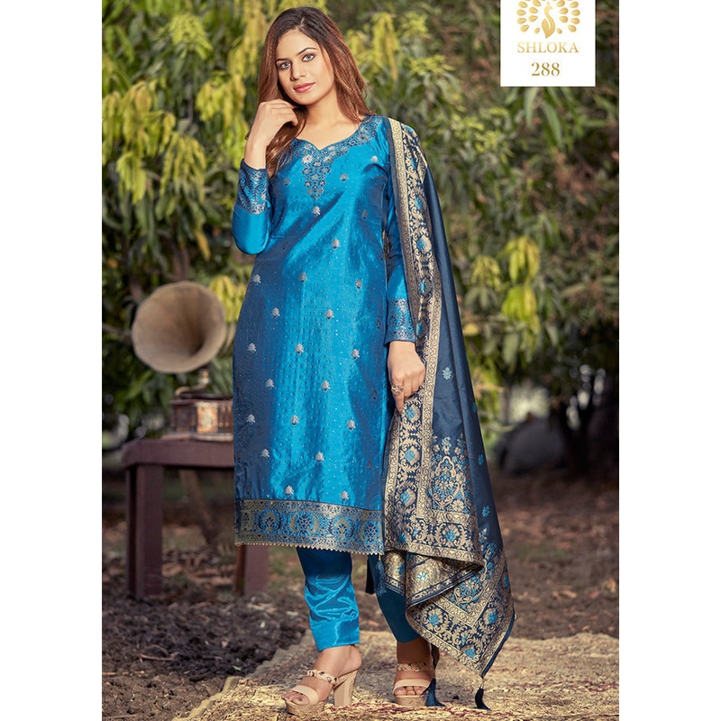 3 Pc Blue Unstitched Silk Suit Set With Dupatta - JD986590875