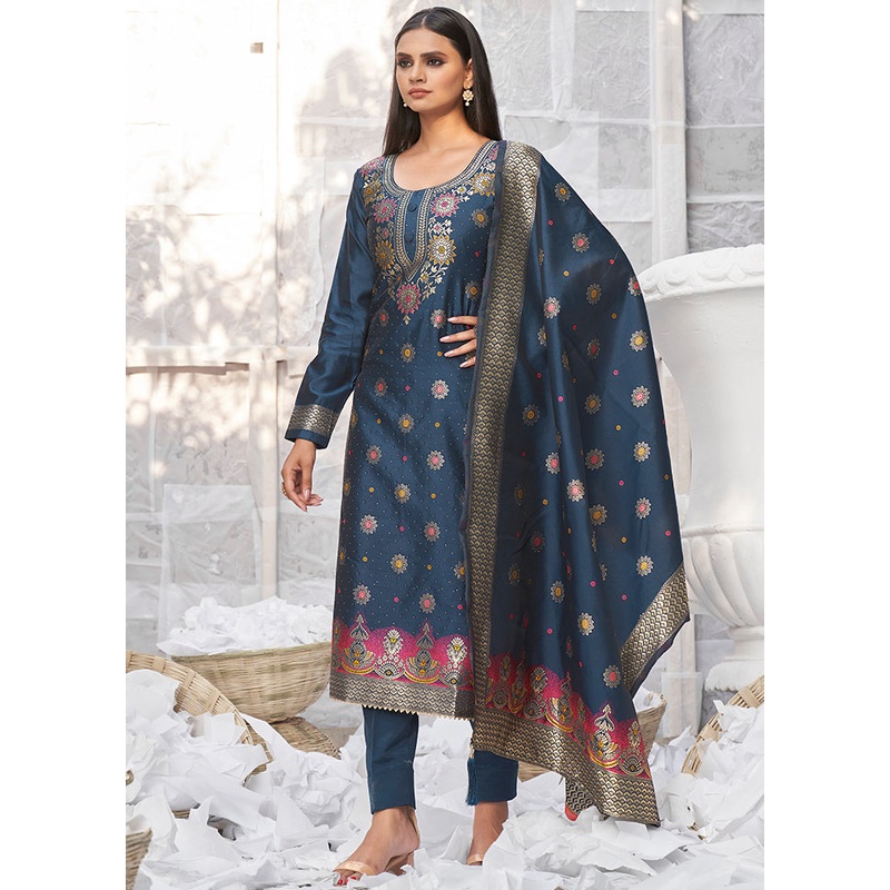 3 Pc Blue Unstitched Silk Suit Set With Dupatta - JD986590885