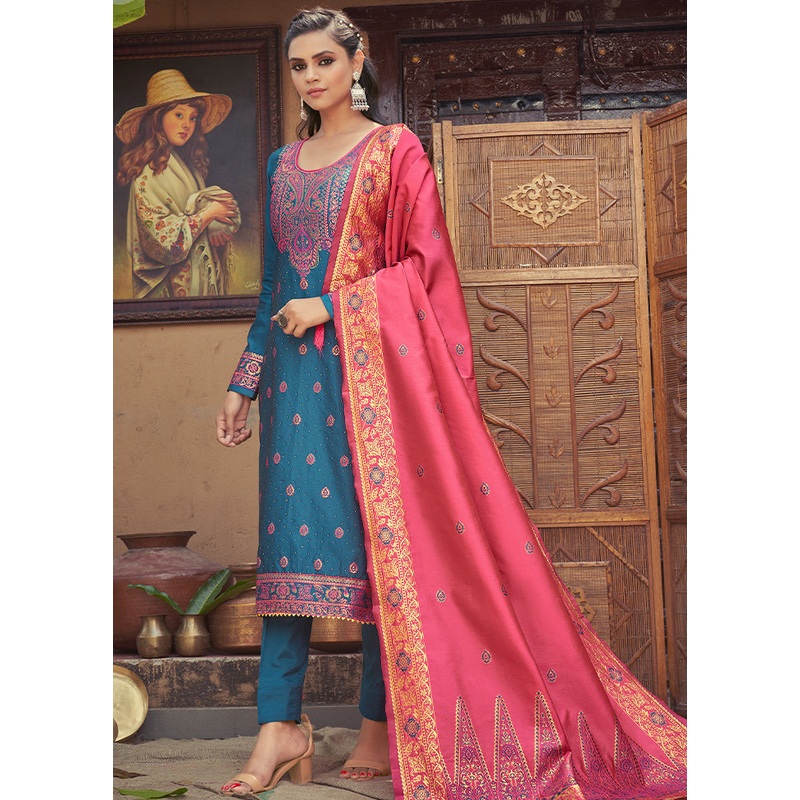 3 Pc Blue Unstitched Silk Suit Set With Dupatta - JD986590888