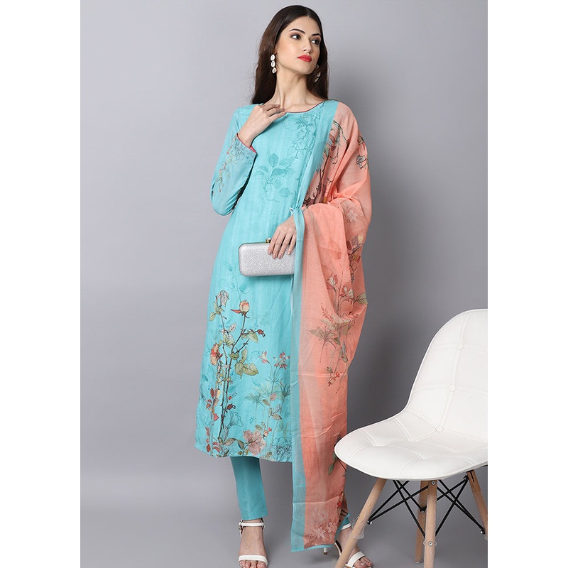 3 Pc Blue Unstitched Suit Set With Dupatta - JD986590864