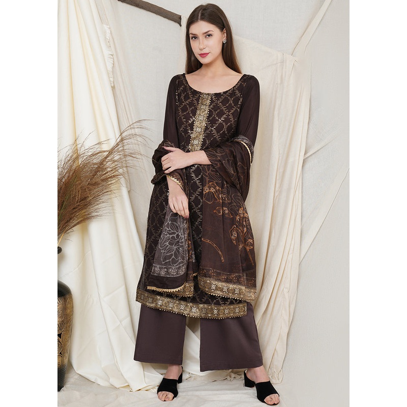3 Pc Brown Chinon Chiffon Unstitched Suit Set - JD986590816