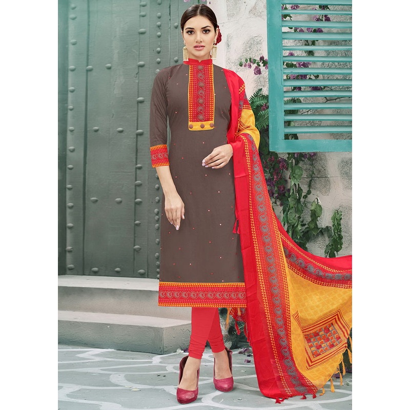 3 Pc Brown Cotton Embroidered Dress Material - JD986590786