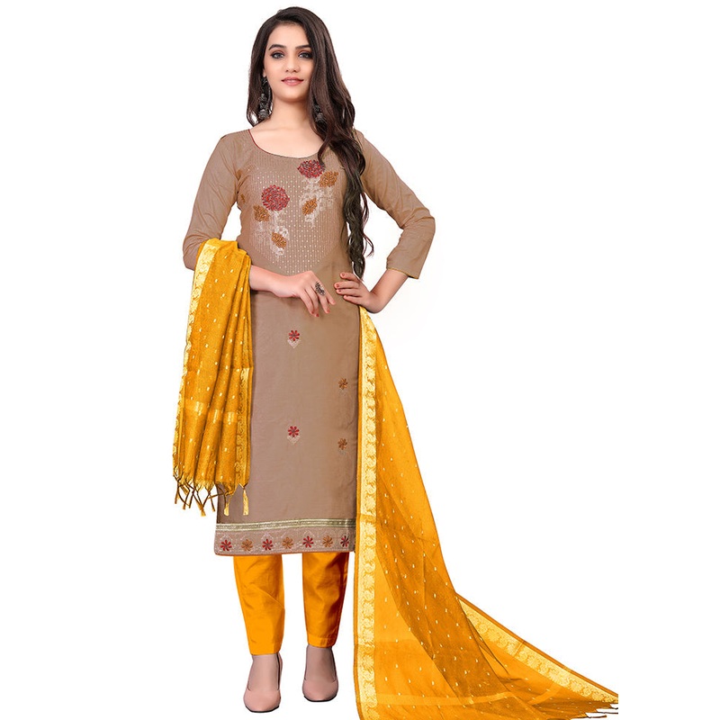3 Pc Brown Cotton Unstitched Salwar Suit Set With Dupatta - JD986590844