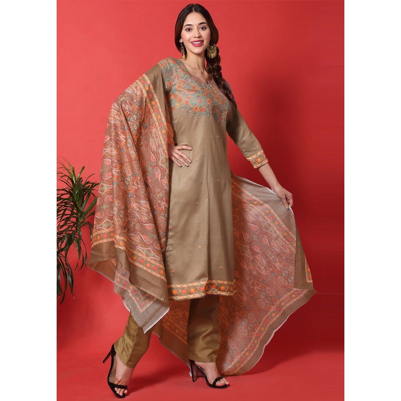 3 Pc Brown Digital Print Unstitched Cotton Salwar Suit - JD986590788