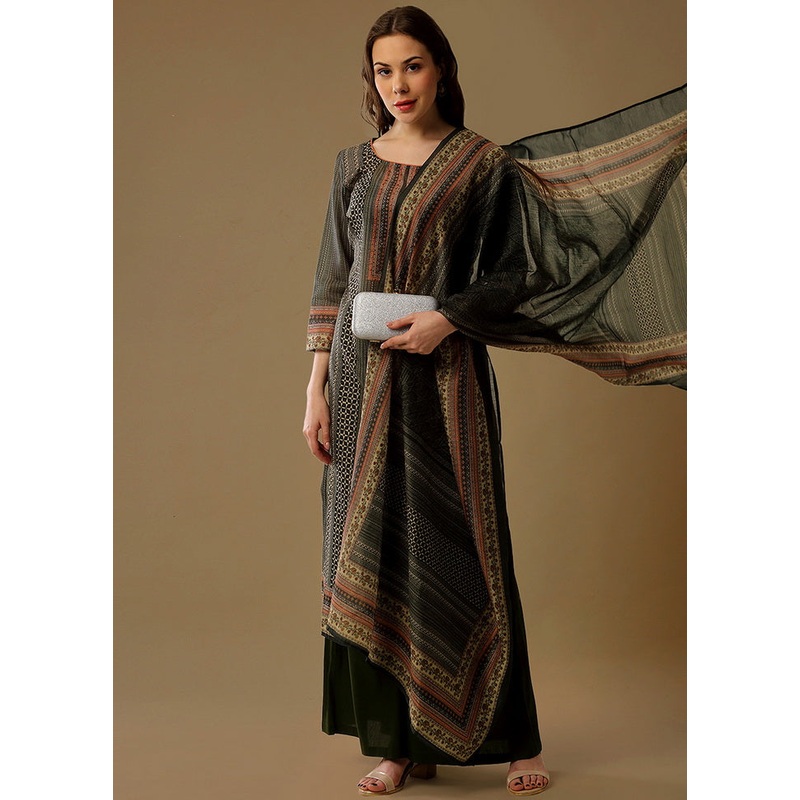 3 Pc Brown Unstitched Maheshwari Silk Suit Set - JD986590792