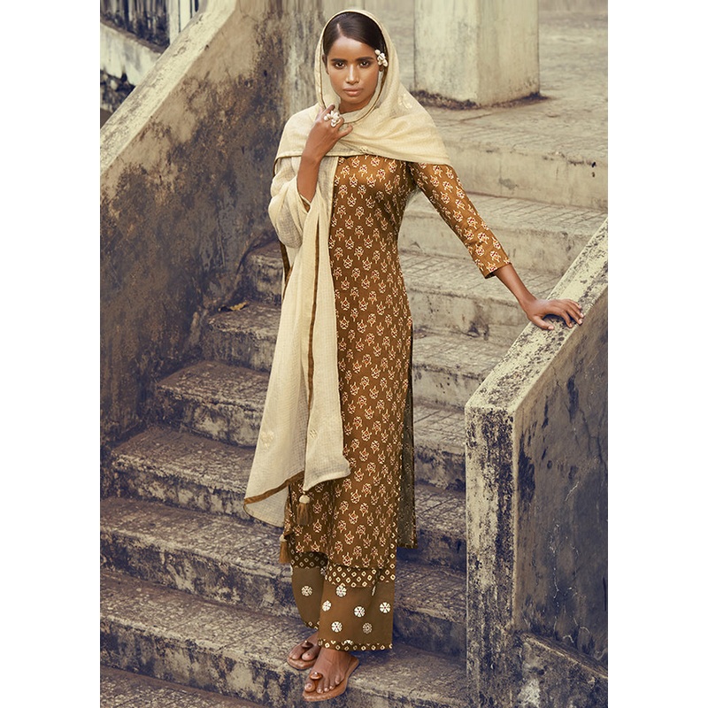 3 Pc Brown Unstitched Pure Cotton Suit Set - JD986590822
