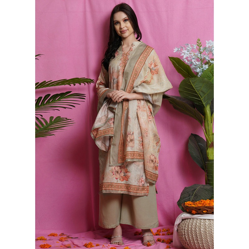 3 Pc Brown Unstitched Salwar Suit Set With Dupatta - JD986590855
