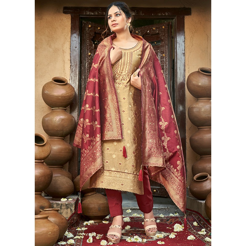 3 Pc Brown Unstitched Silk Suit Set With Dupatta - JD986590871