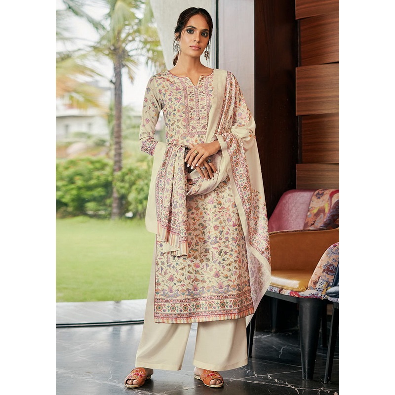 3 Pc Cream Pashmina Printed Dress Material - JD986590785