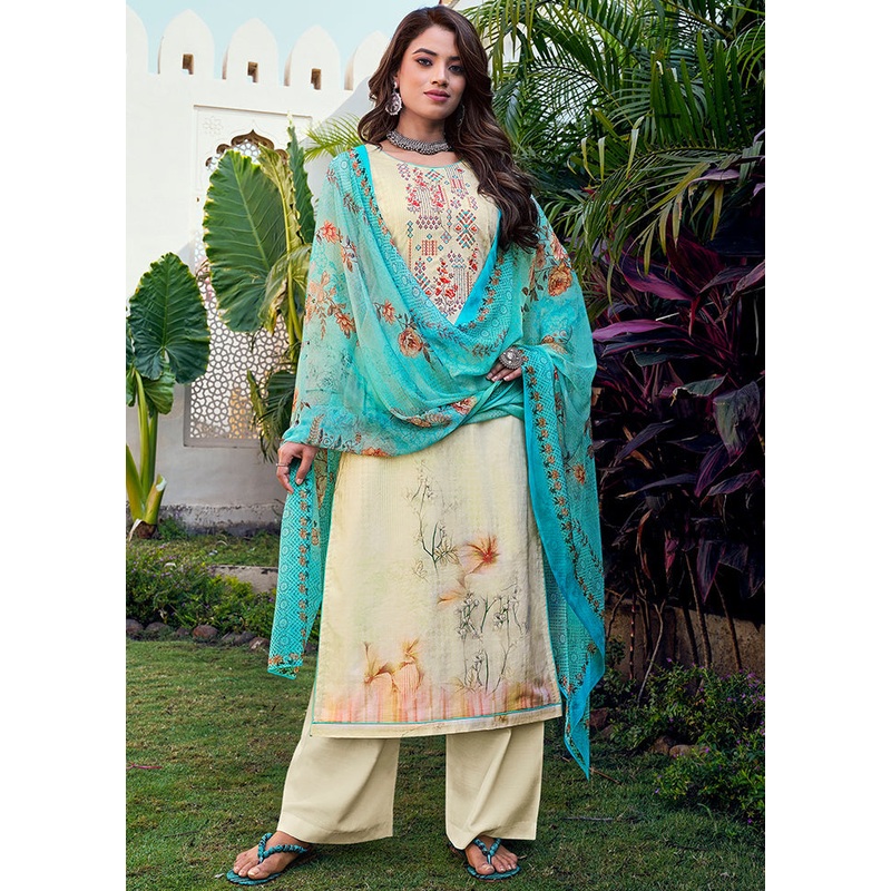 3 Pc Cream Unstitched Cotton Suit Set - JD986590835