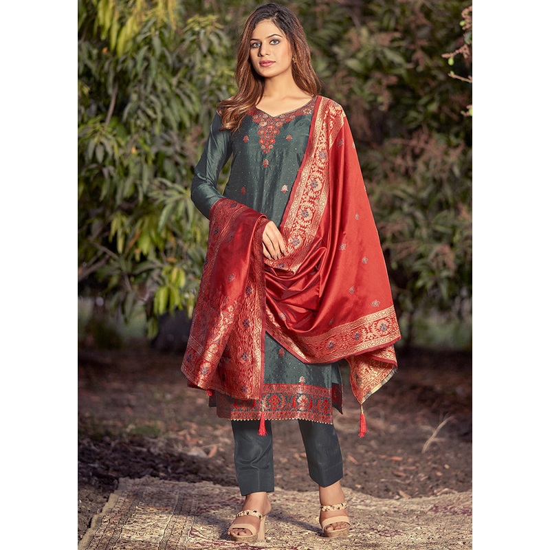 3 Pc Dark Grey Unstitched Silk Suit Set With Dupatta - JD986590876