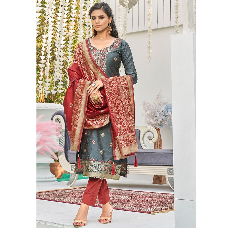 3 Pc Dark Grey Unstitched Silk Suit Set With Dupatta - JD986590880