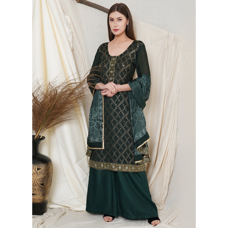 3 Pc Green Chinon Chiffon Unstitched Suit Set - JD986590815