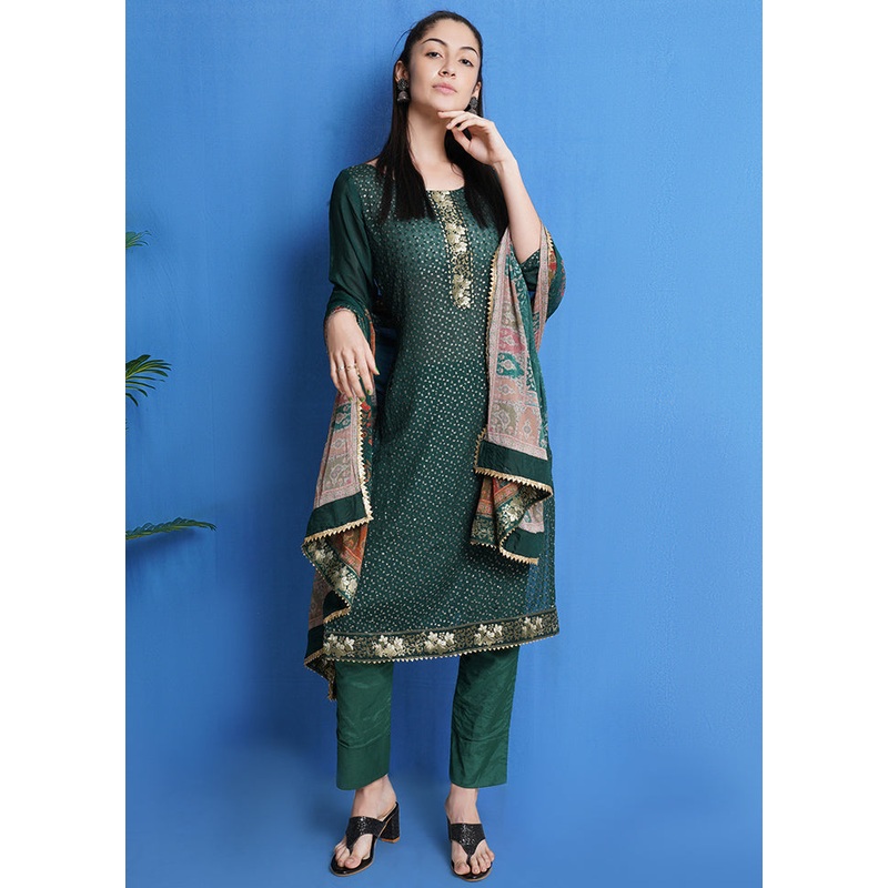 3 Pc Green Unstitched Chinon Chiffon Suit Set - JD986590828