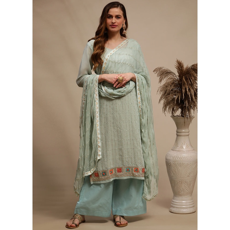 3 Pc Green Unstitched Georgette Thread Work Suit Set - JD986590809