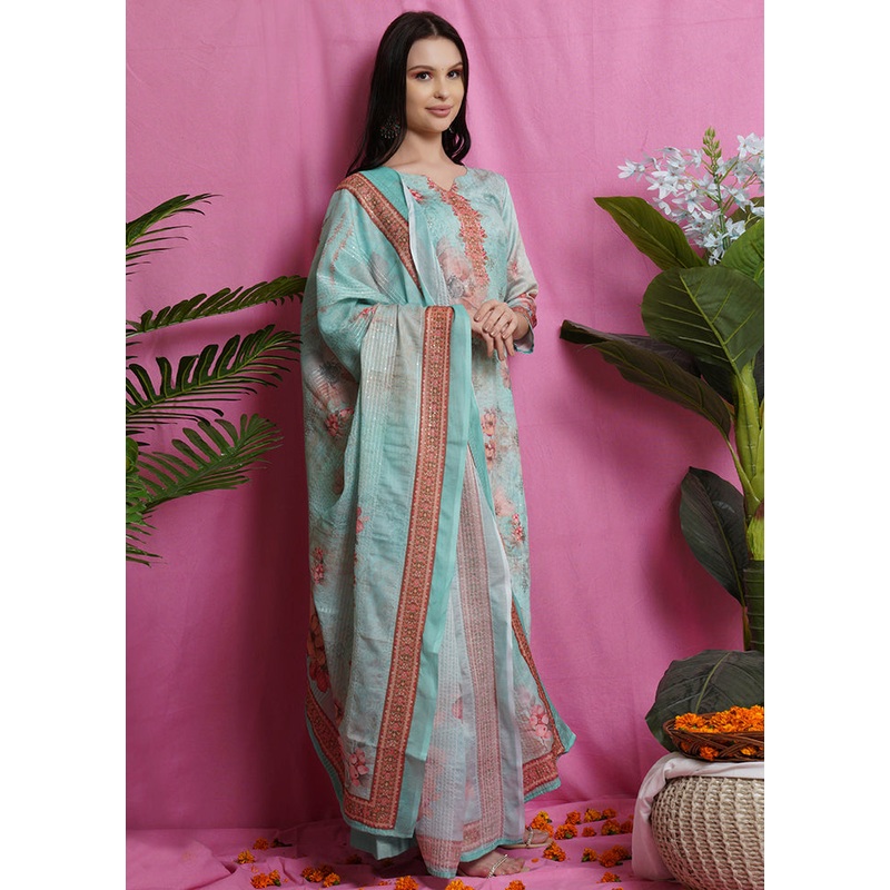 3 Pc Green Unstitched Salwar Suit Set With Dupatta - JD986590853
