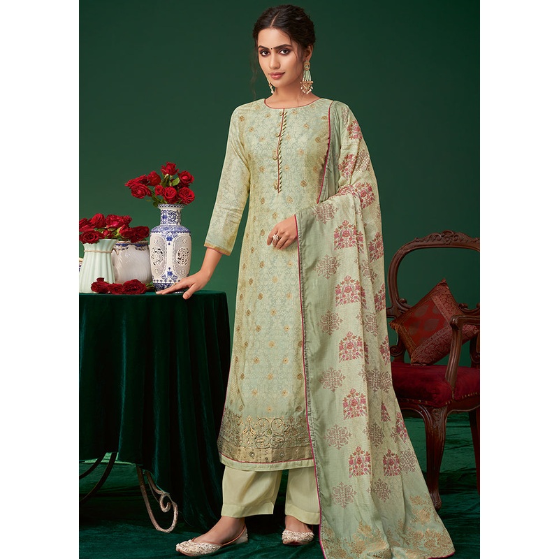 3 Pc Green Unstitched Silk Suit Set - JD986590799