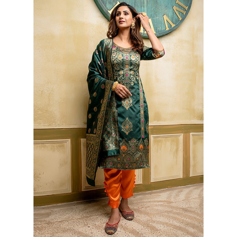 3 Pc Green Unstitched Silk Suit Set With Dupatta - JD986590866