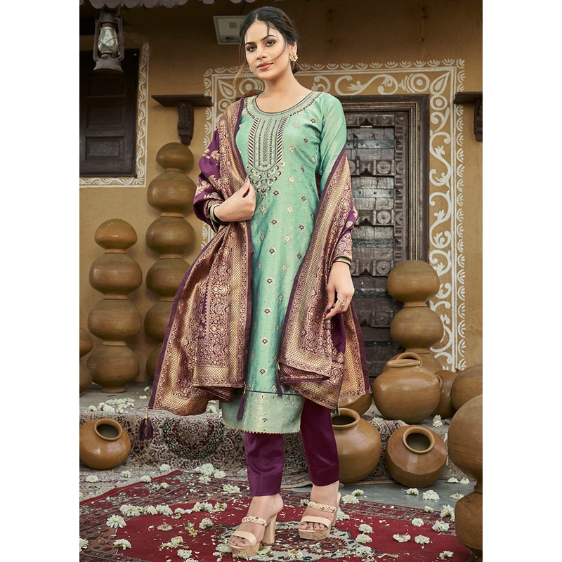 3 Pc Green Unstitched Silk Suit Set With Dupatta - JD986590872