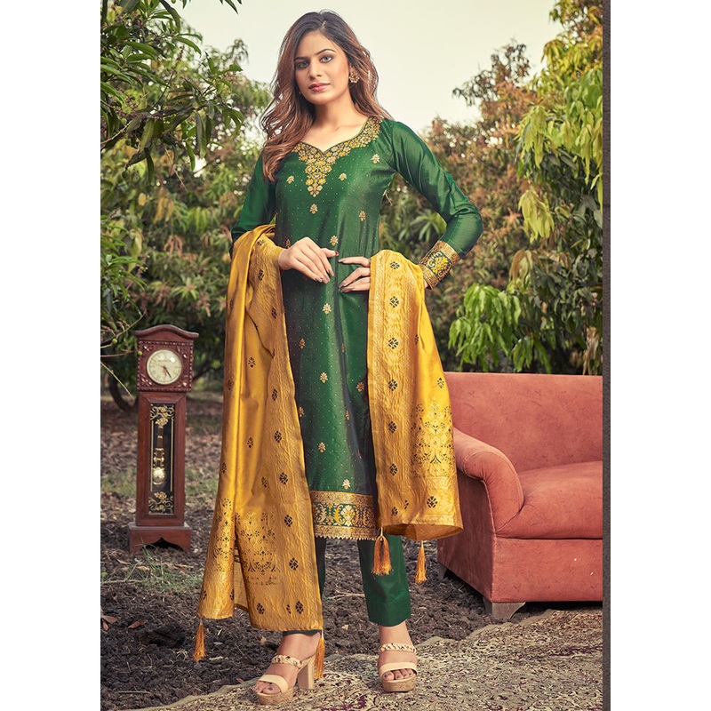 3 Pc Green Unstitched Silk Suit Set With Dupatta - JD986590877