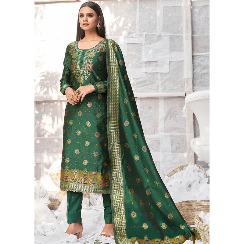 3 Pc Green Unstitched Silk Suit Set With Dupatta - JD986590883