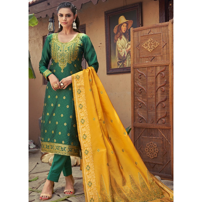 3 Pc Green Unstitched Silk Suit Set With Dupatta - JD986590887