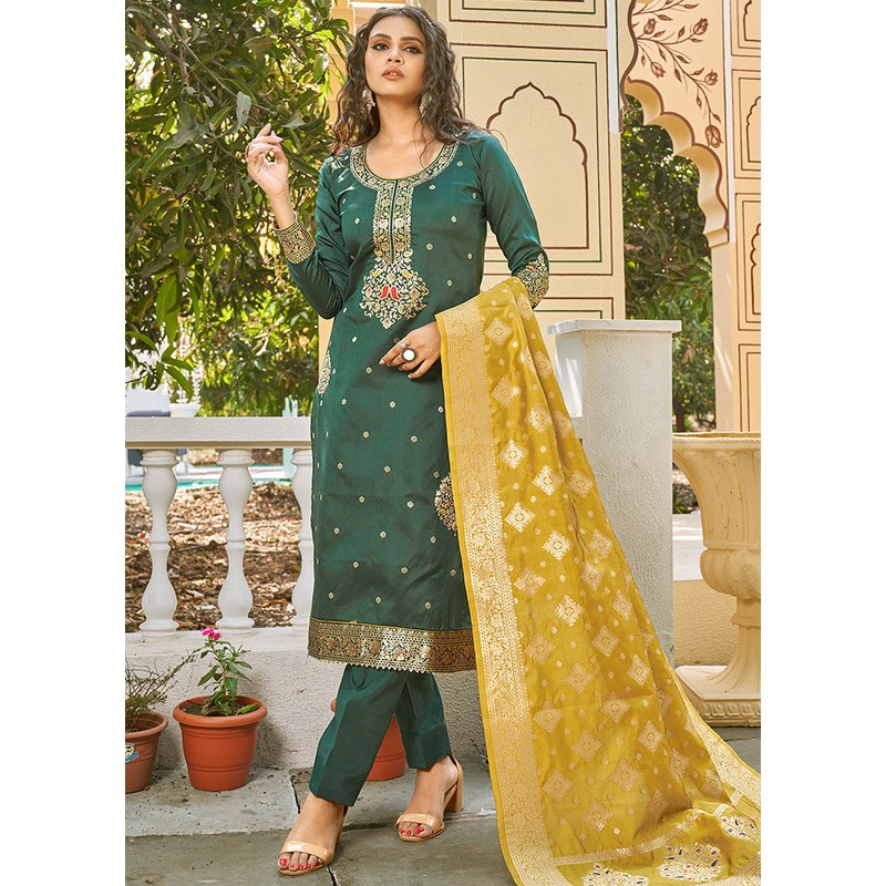 3 Pc Green Unstitched Silk Suit Set With Dupatta - JD986590894