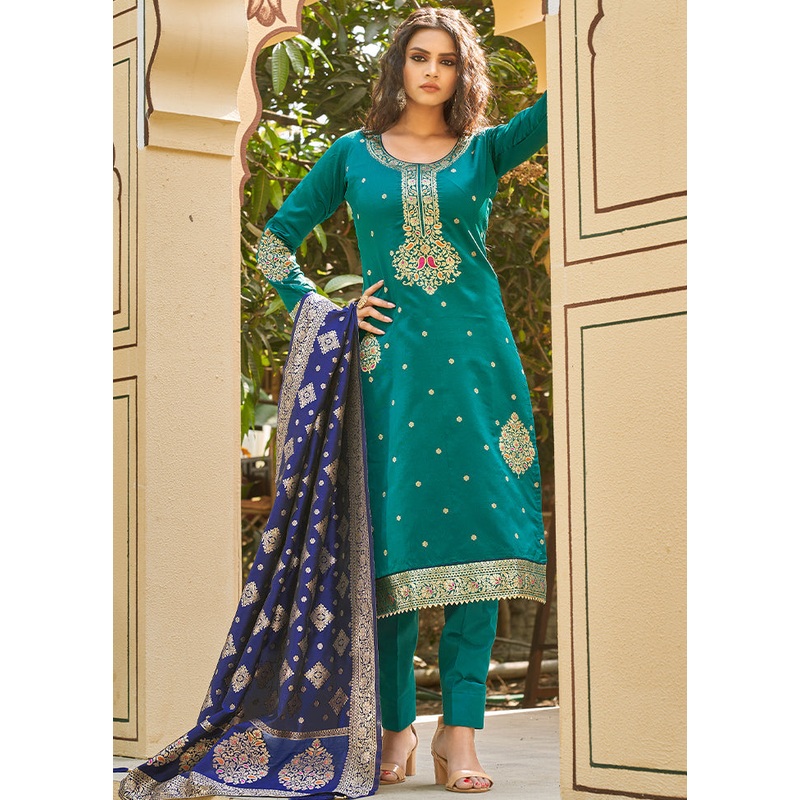 3 Pc Green Unstitched Silk Suit Set With Dupatta - JD986590896