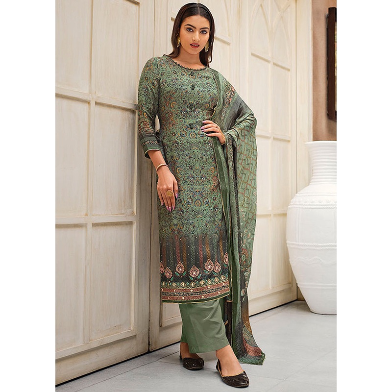 3 Pc Green Unstitched Viscose Suit Set - JD986590795