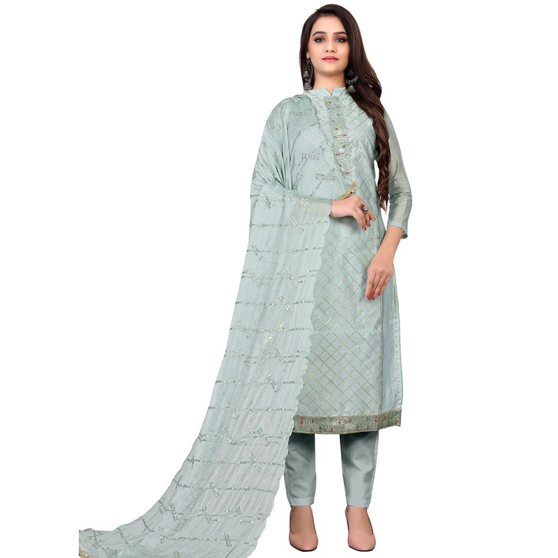 3 Pc Grey Cotton Unstitched Salwar Suit Set With Dupatta - JD986590843