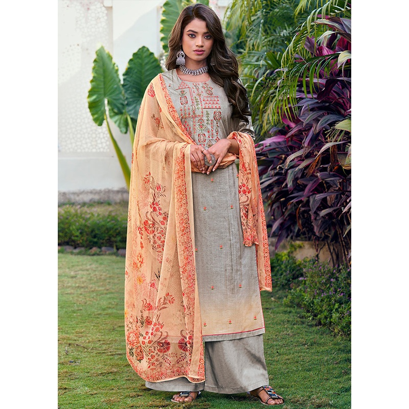 3 Pc Grey Unstitched Cotton Printed Suit Set - JD986590834