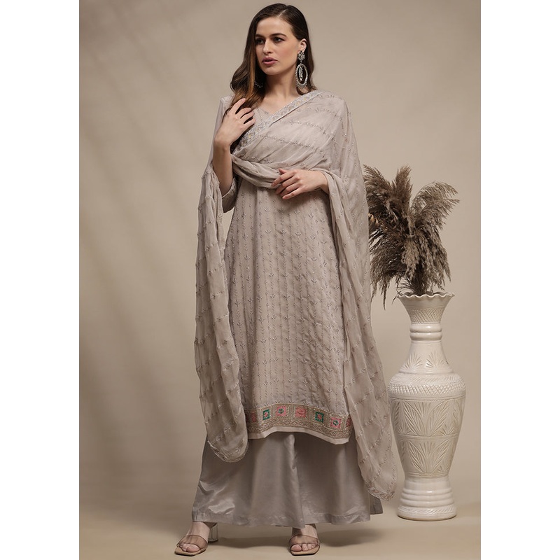 3 Pc Grey Unstitched Georgette Thread Work Suit Set - JD986590808