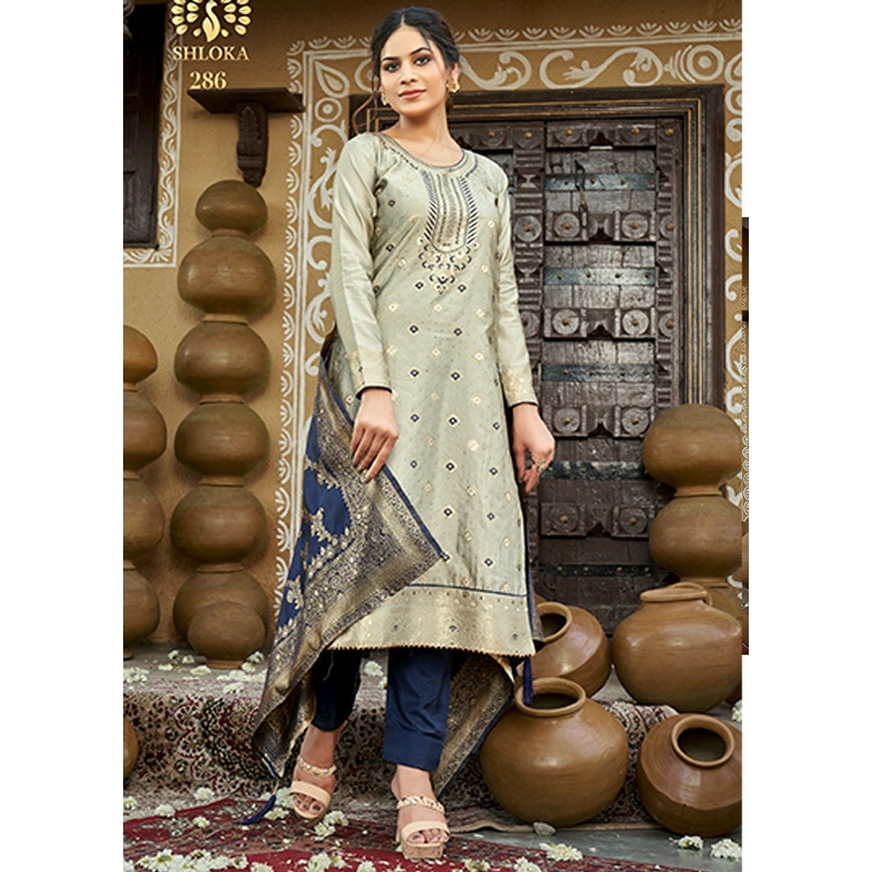 3 Pc Grey Unstitched Silk Suit Set With Dupatta - JD986590873