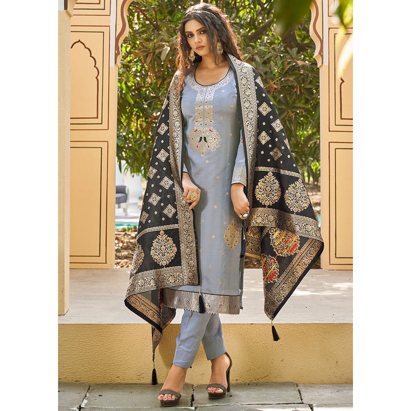3 Pc Grey Unstitched Silk Suit Set With Dupatta - JD986590895