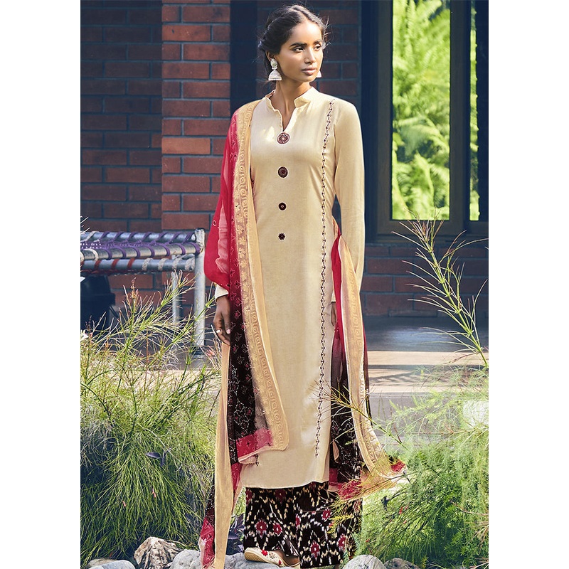 3 Pc Light Yellow Unstitched Silk Thread Work Suit Set - JD986590817