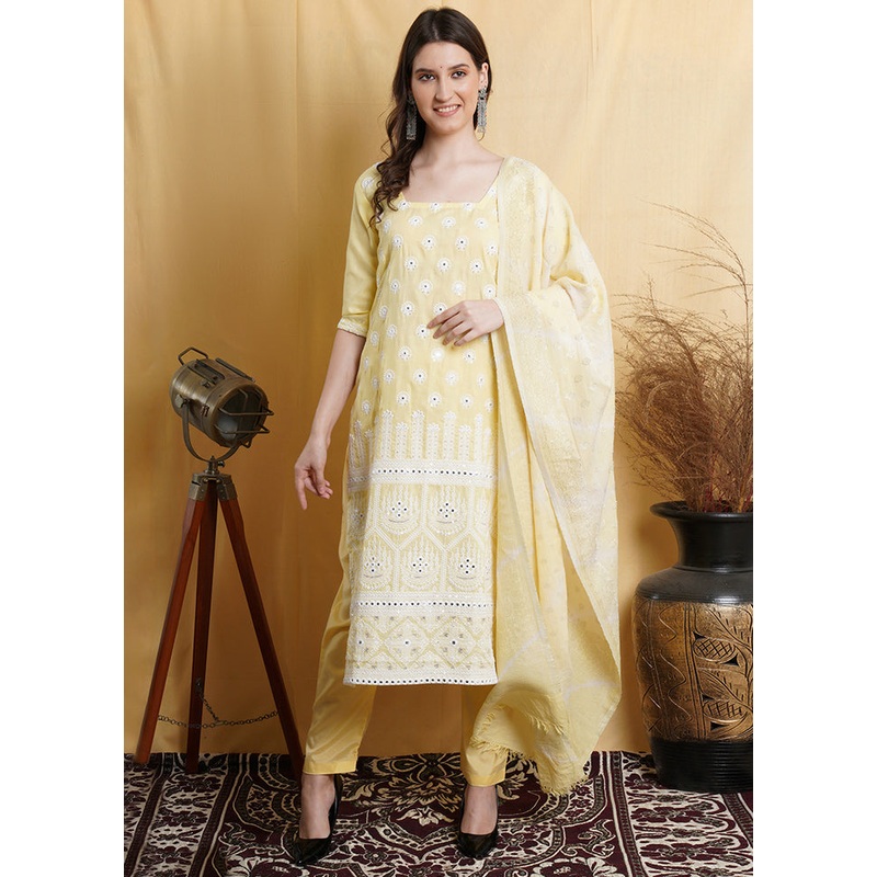 3 Pc Light Yellow Unstitched Suit Set With Dupatta - JD986590858