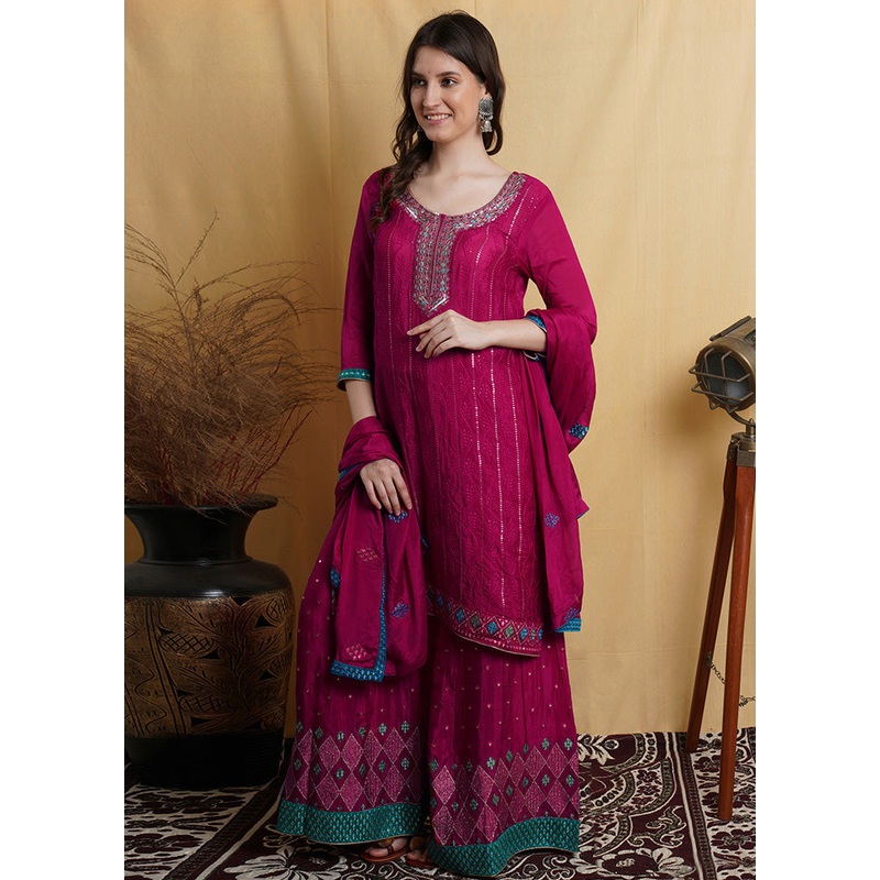 3 Pc Magenta Chiffon Unstitched Suit Set With Dupatta - JD986590861