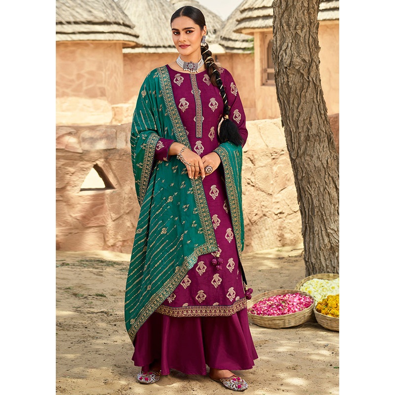 3 Pc Magenta Unstitched Polyster Silk Suit Set - JD986590806