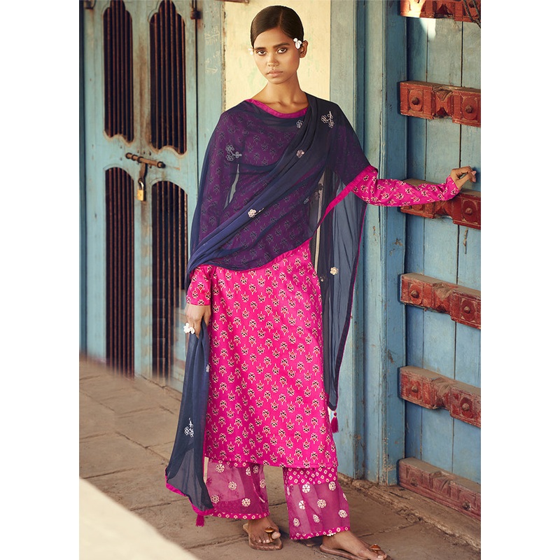 3 Pc Magenta Unstitched Pure Cotton Suit Set - JD986590820