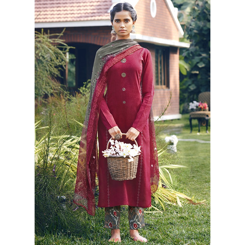 3 Pc Maroon Unstitched Silk Thread Work Suit Set - JD986590818