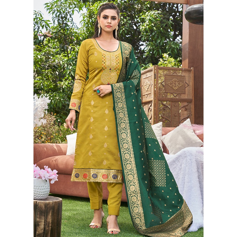 3 Pc Mustard Unstitched Silk Suit Set With Dupatta - JD986590891