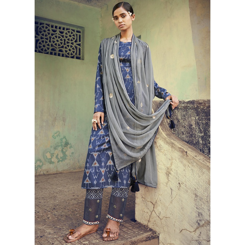 3 Pc Navy Blue Unstitched Pure Cotton Suit Set - JD986590821