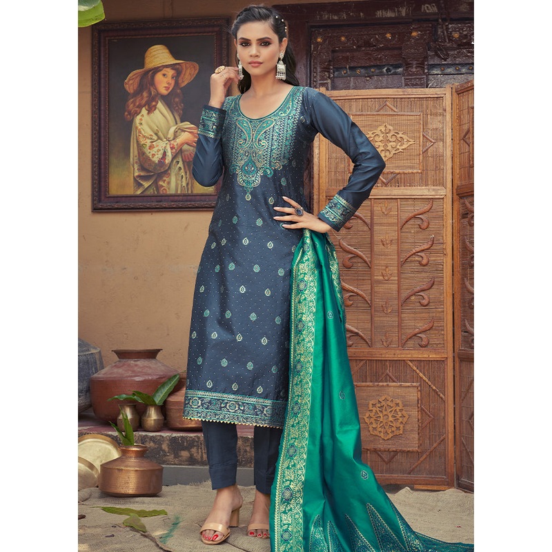 3 Pc Navy Blue Unstitched Silk Suit Set With Dupatta - JD986590889