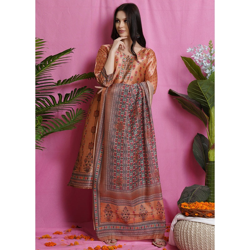 3 Pc Orange Unstitched Salwar Suit Set With Dupatta - JD986590857