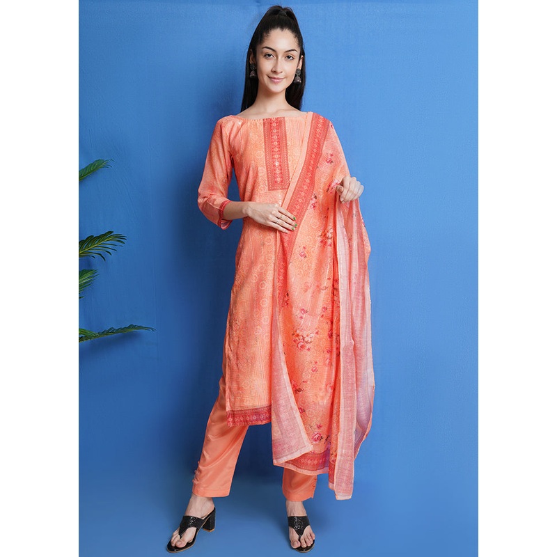 3 Pc Orange Unstitched Silk Printed Suit Set - JD986590825