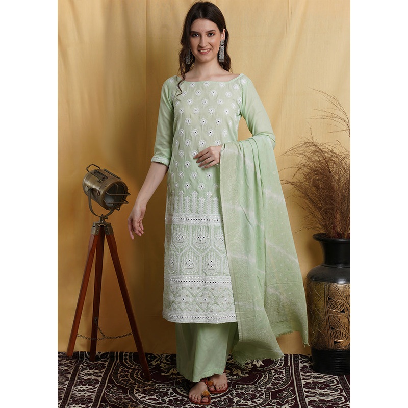 3 Pc Pastel Green Unstitched Suit Set With Dupatta - JD986590859