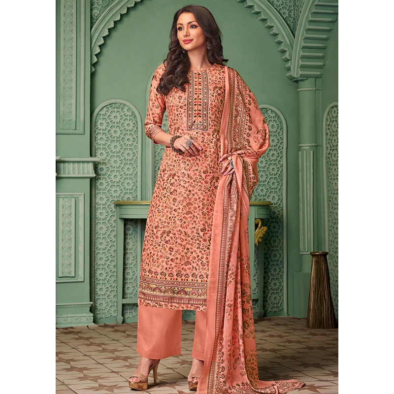 3 Pc Peach Unstitched Cotton Digital Suit Set - JD986590837