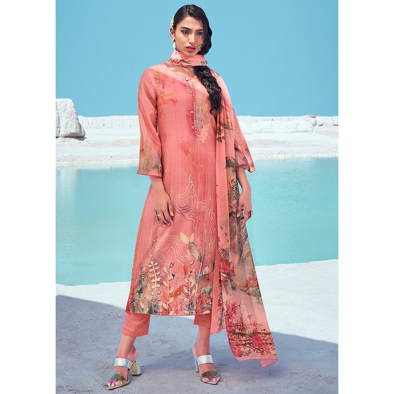 3 Pc Peach Unstitched Cotton Suit Set - JD986590830