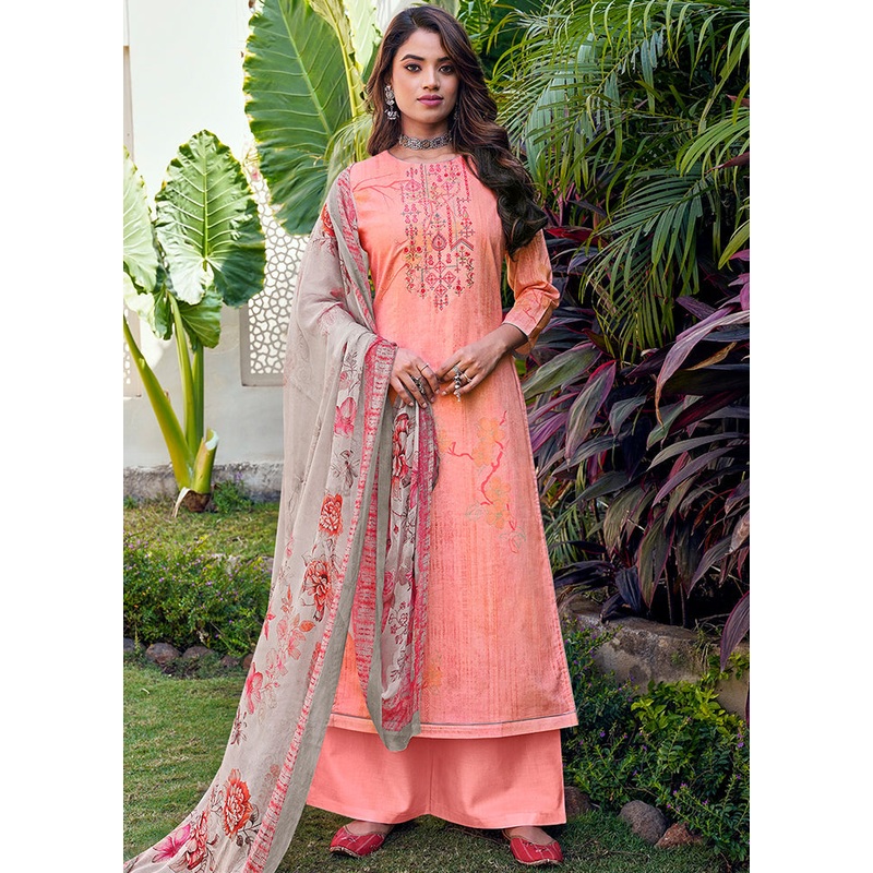 3 Pc Peach Unstitched Cotton Suit Set - JD986590832